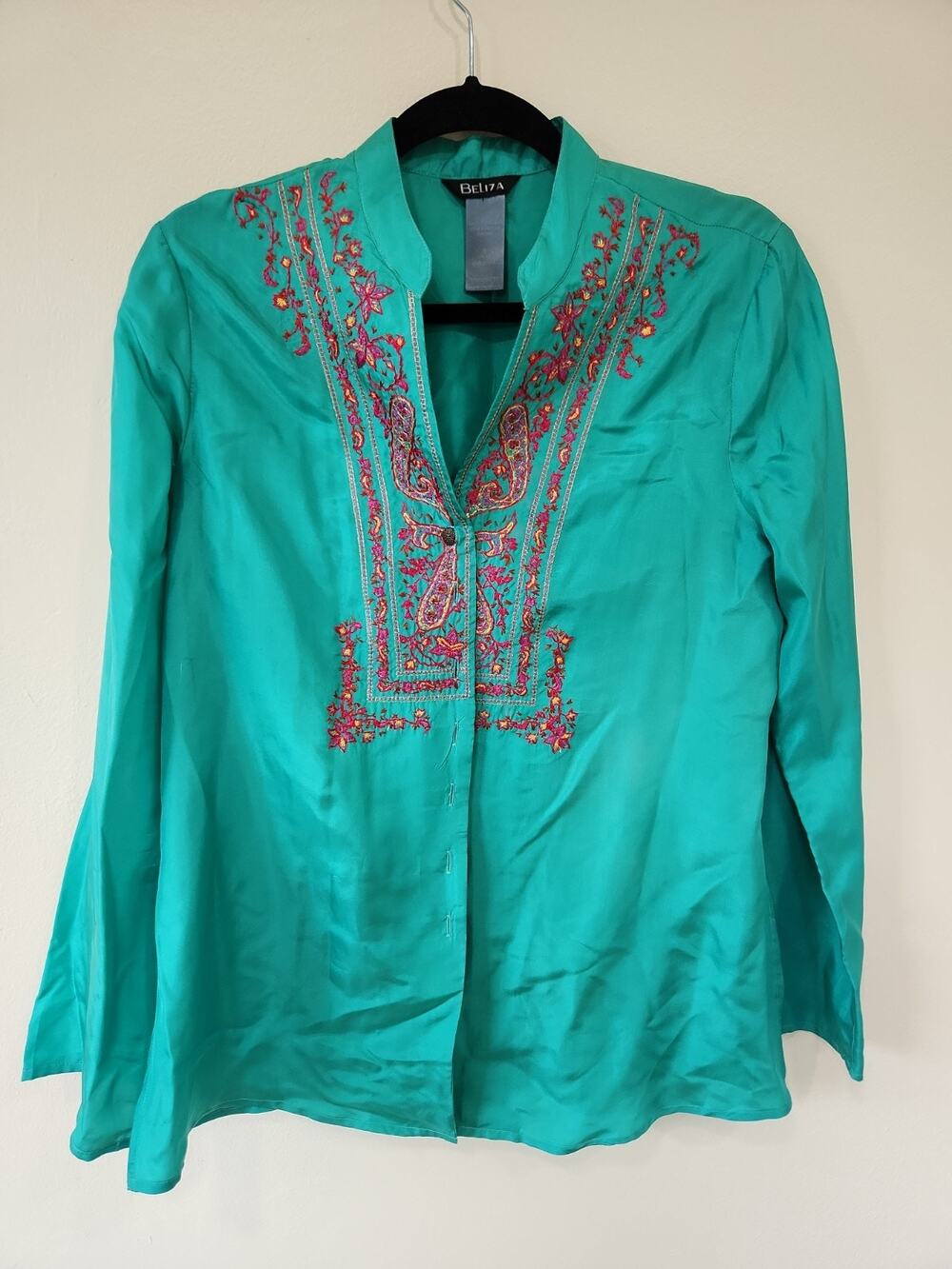 BeLiza Made In India Women's 100% Silk Embroidered Blouse Size 8 Teal Boho